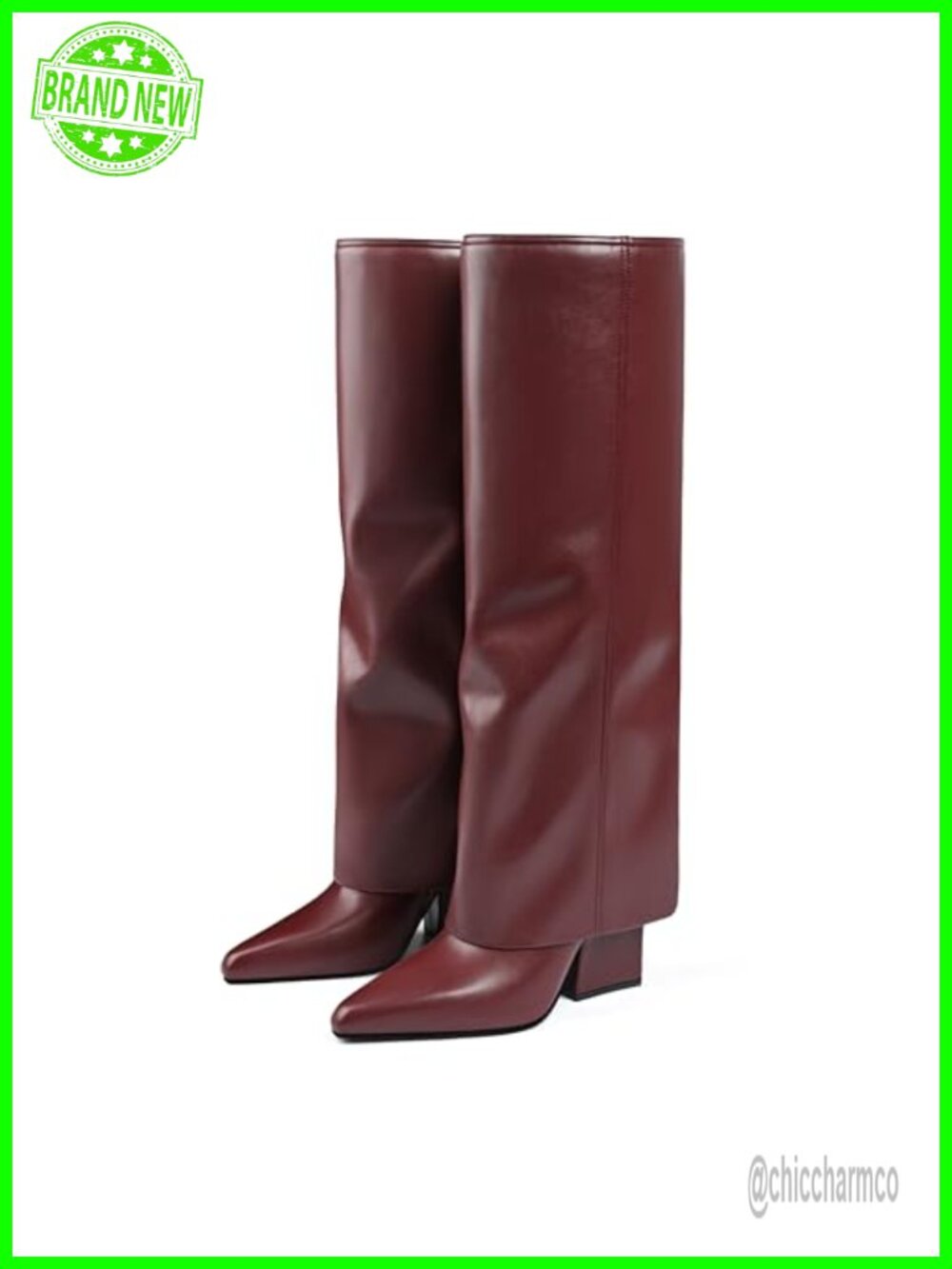 Women's Faux Leather Knee High Fold Over Pointed Toe Block Heel Boots